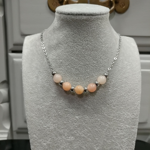 Peach Aventurine Necklace Natural Gemstone Beads Stainless-Steel Chain 20" - Picture 4 of 13